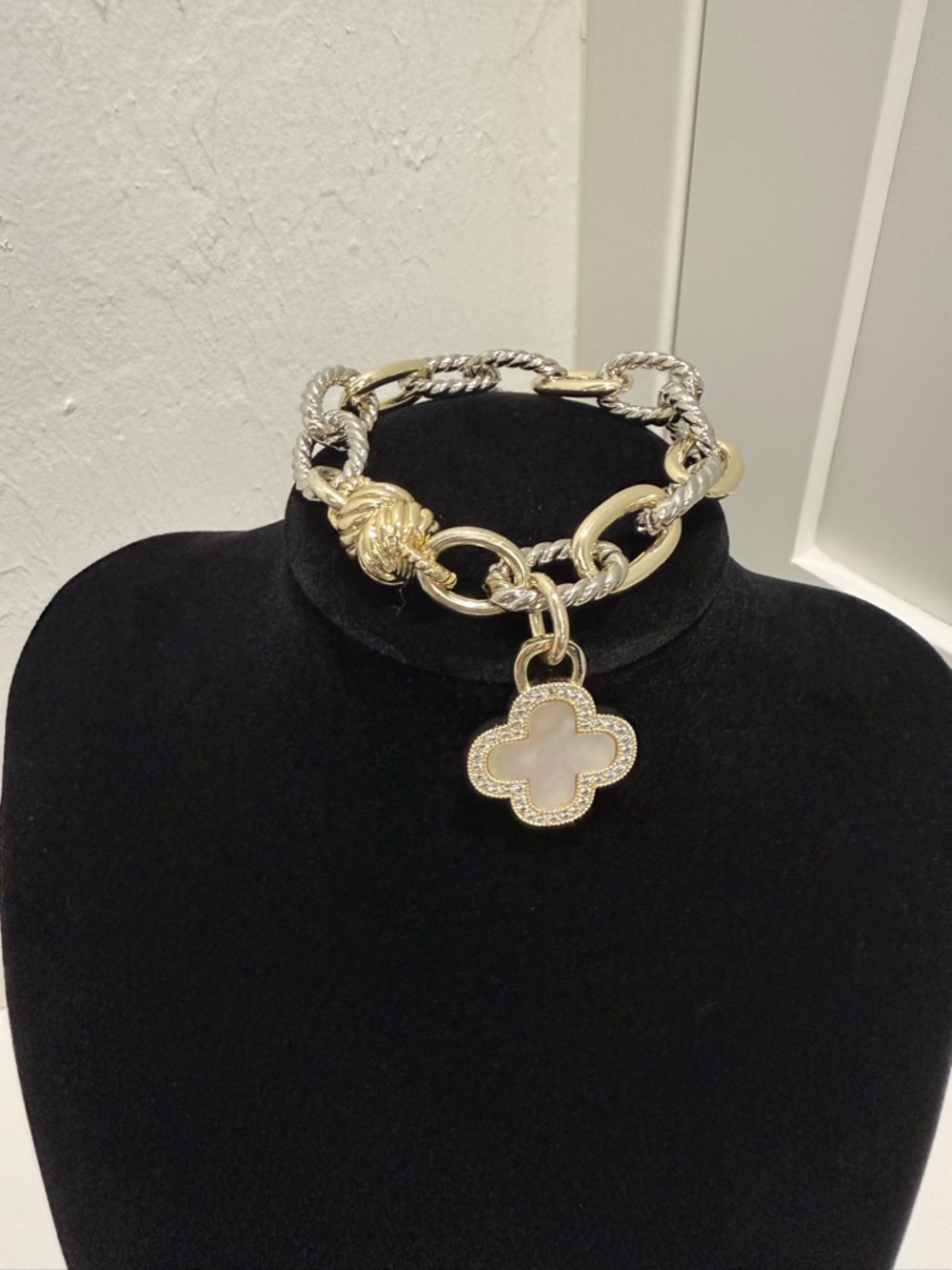 Gold and Silver Two-Tone Chain Necklace with Mother-of-Pearl Clover Pendant